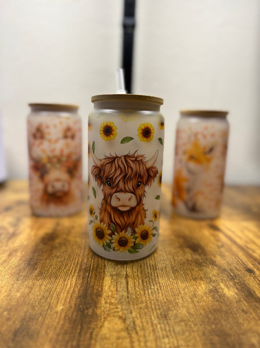Sunflower Highland Cow Glass Tumbler
